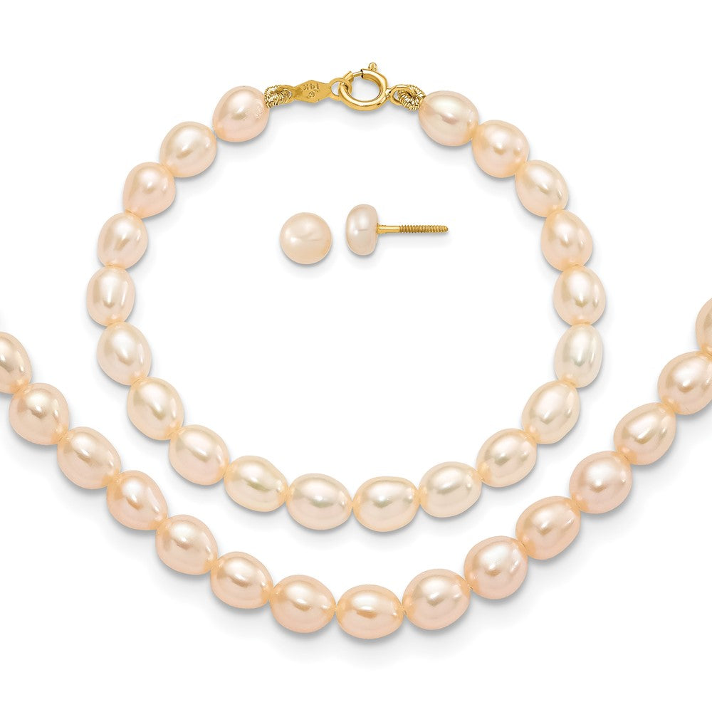 14k Pink FW Cultured Pearl 12" Necklace, 5" Bracelet & Earring Set