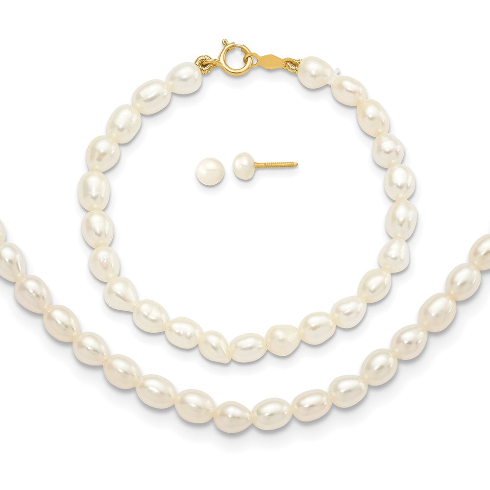 14k White FW Cultured Pearl 14 in. Necklace, 5 in. Bracelet & Earring Set