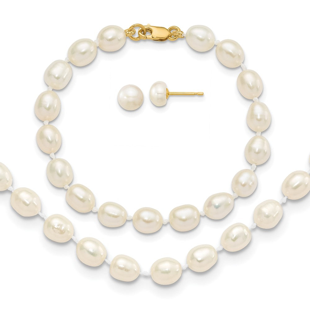 14k 5-6mm FW Cultured Pearl 5in Bracelet, 14in Necklace & Earring Set (17.29 grams)