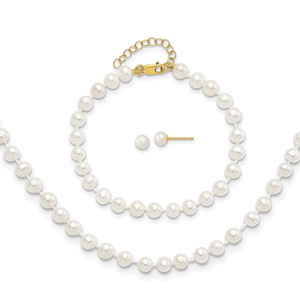 14k 4-5mm FW Cultured Pearl 5 w/1 ext Bracelet 14 w/1 ext Neck Earring Set (14.52 grams)