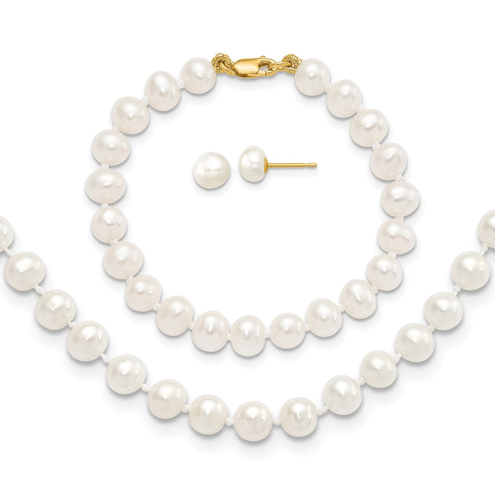 14k 5-6mm FW Cultured Pearl 5in Bracelet, 14in Necklace & Earring Set (19.29 grams)