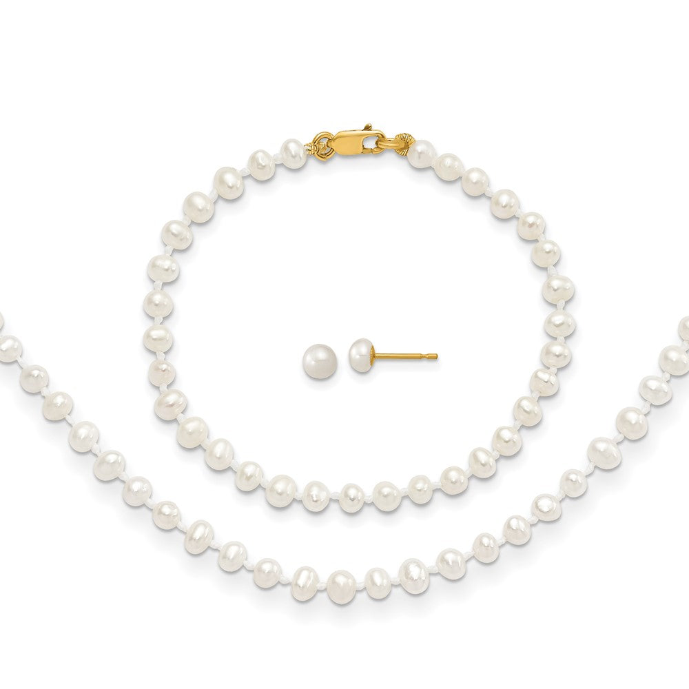 14k 3-4mm FW Cultured Pearl 14in Necklace, 5in. Bracelet & Earring Set (9.02 grams)