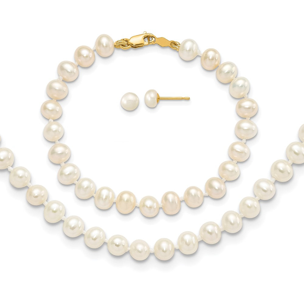 14k 4-5mm FW Cultured Pearl, 14in Necklace, 5" Bracelet & Earring Set (13.77 grams)