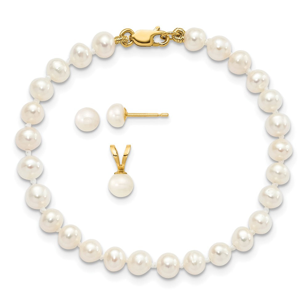 14k 4-5mm White FW Cultured Pearl Pendant, 5in Bracelet & Earring Set (4.55 grams)