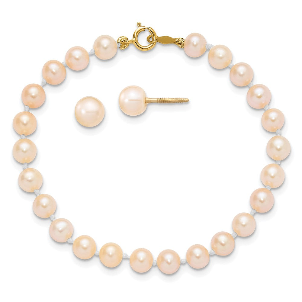 14K Madi K 4-5mm Pink FW Cultured Pearl 5.5" Bracelet & Earrings Set (3.45 grams)