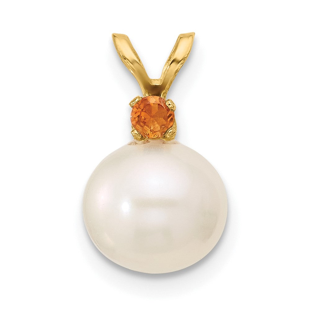 14K Citrine 8-8.5mm White Round FWC Pearl Pendant (0.87 grams)