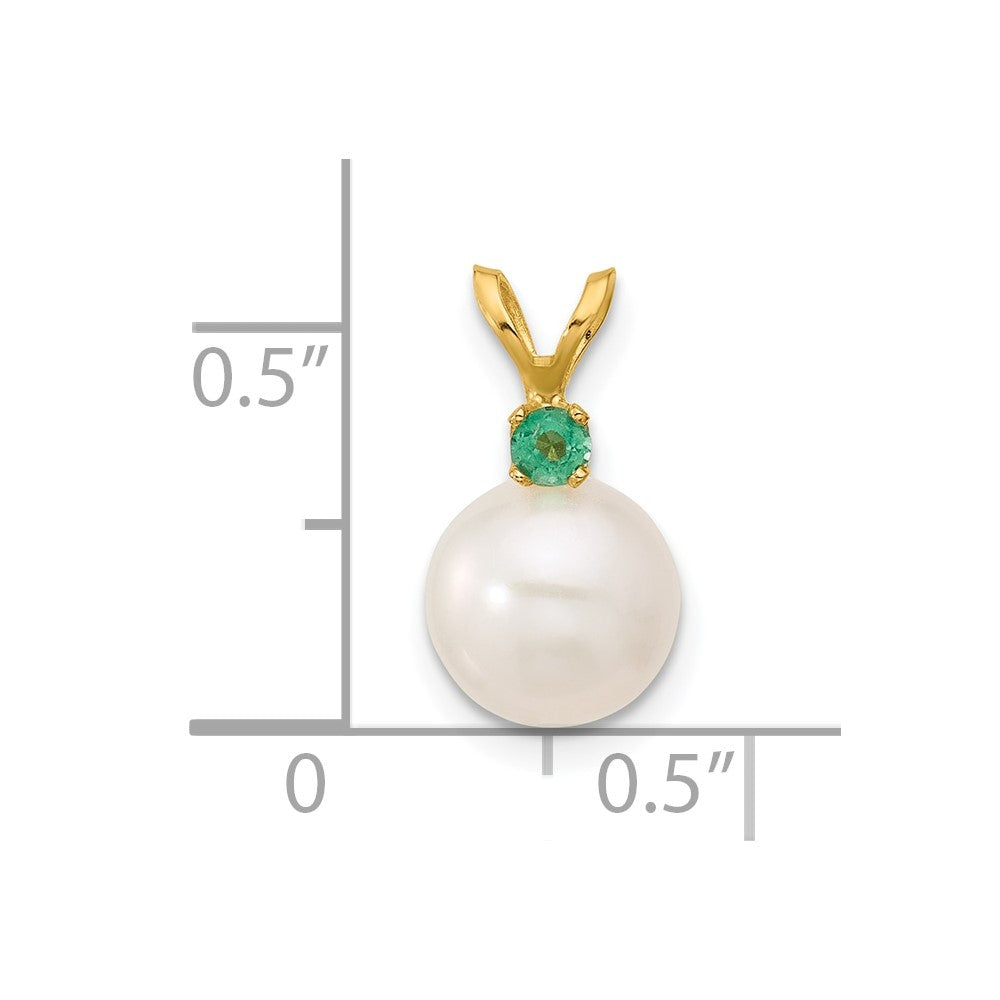 14K Emerald 8-8.5mm White Round FWC Pearl Pendant (0.86 grams)