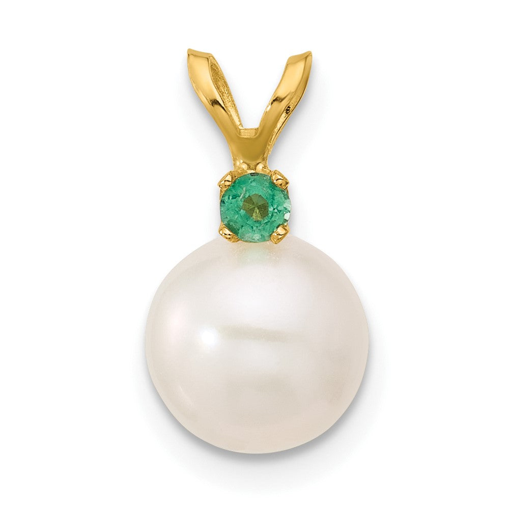 14K Emerald 8-8.5mm White Round FWC Pearl Pendant (0.86 grams)