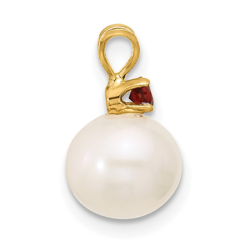 14K Garnet 8-8.5mm White Round FWC Pearl Pendant (0.86 grams)