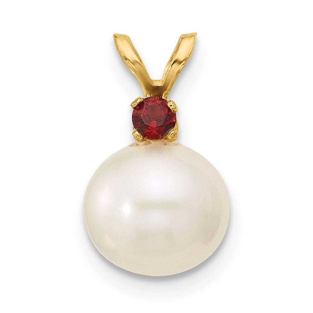 14K Garnet 8-8.5mm White Round FWC Pearl Pendant (0.86 grams)