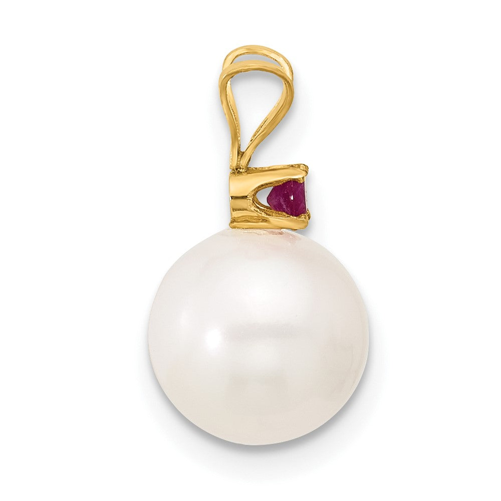 14K Ruby 8-8.5mm White Round FWC Pearl Pendant (0.91 grams)