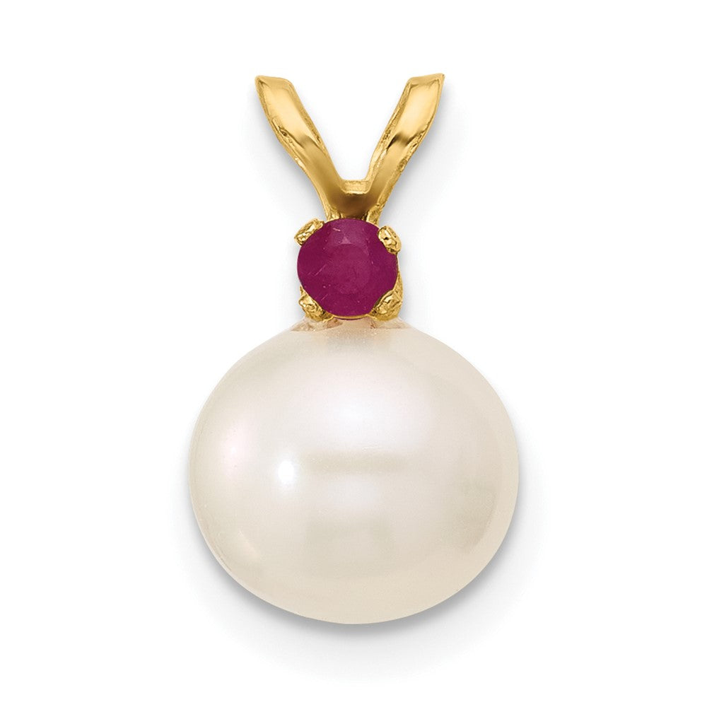 14K Ruby 8-8.5mm White Round FWC Pearl Pendant (0.91 grams)