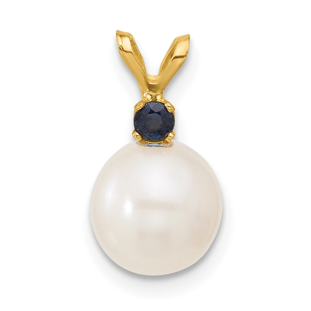 14K Sapphire 8-8.5mm White Round FWC Pearl Pendant (0.91 grams)