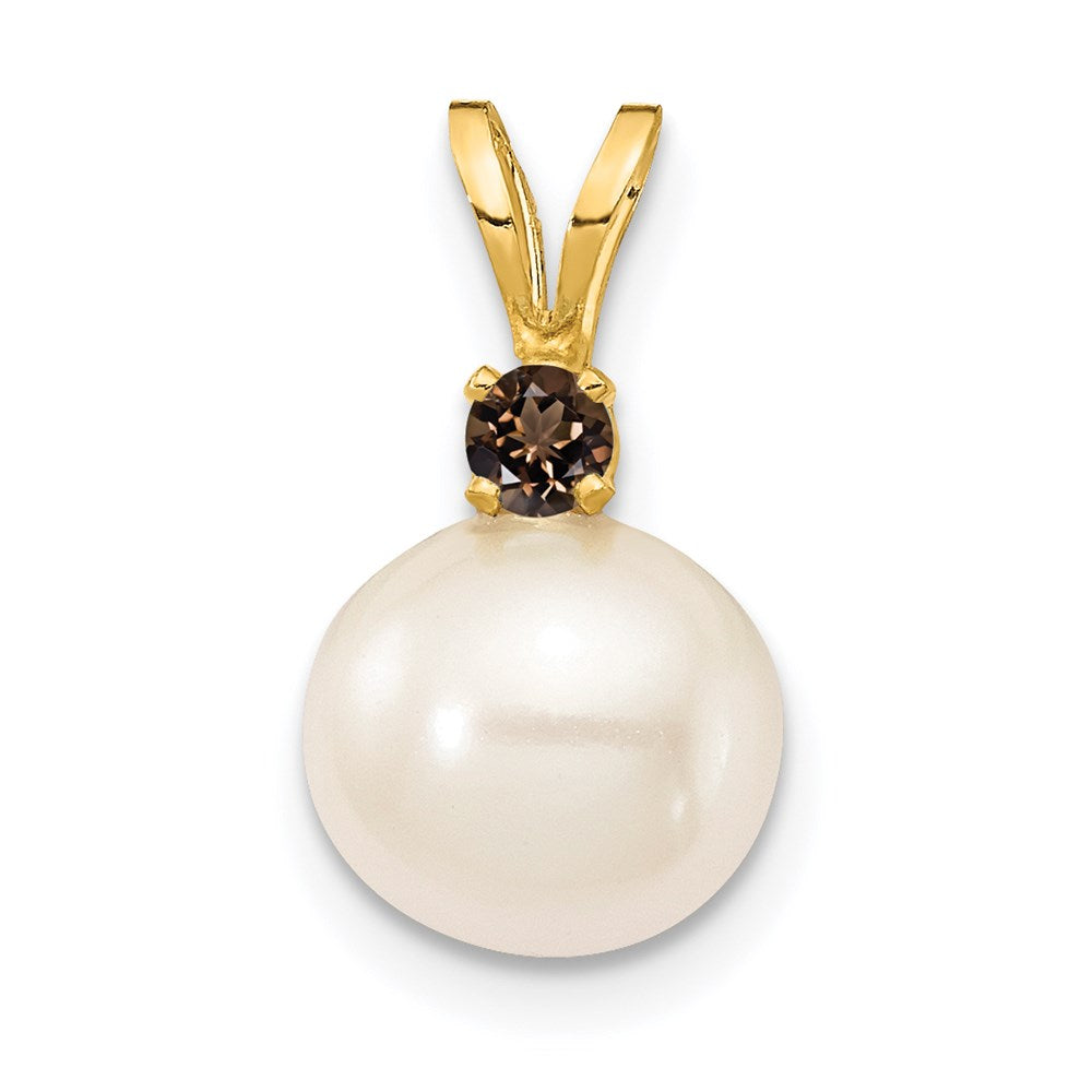 14K Smoky Quartz 8-8.5mm White Round FWC Pearl Pendant (0.87 grams)