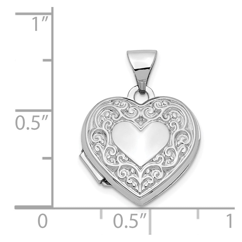 14k White Gold 15.5 mm Scroll Pattern Heart Locket (0.67 grams)