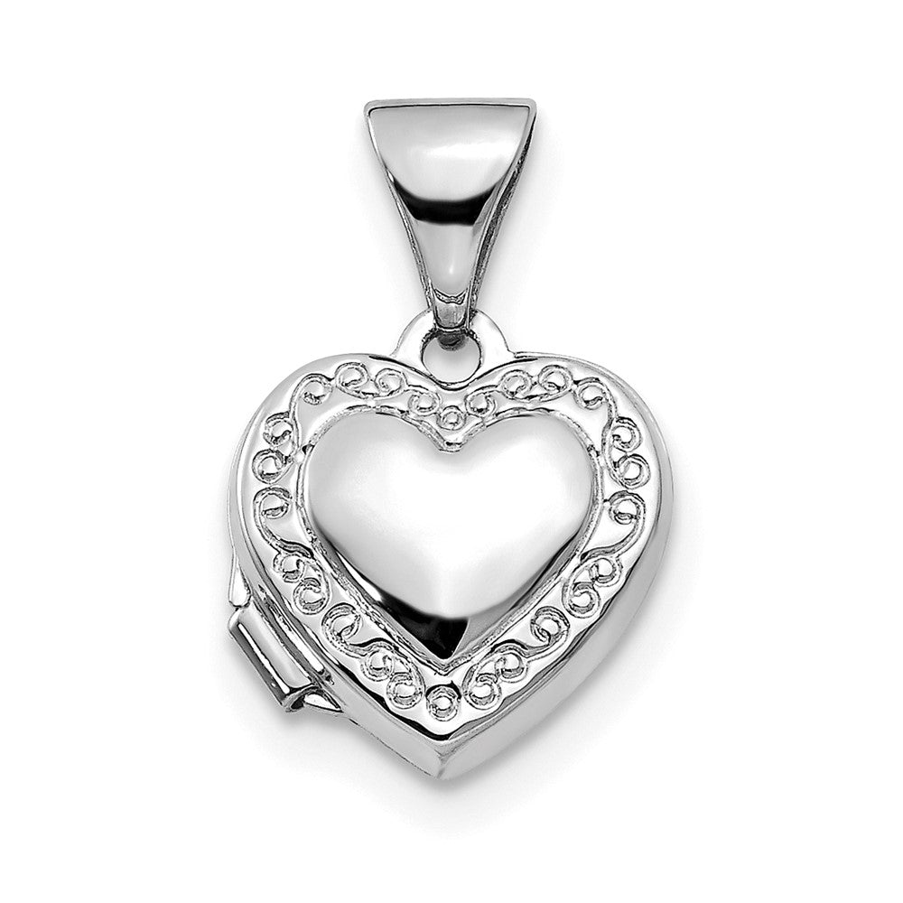 14k White Gold 10.2 mm Polished Heart-Shaped Scrolled Locket (0.32 grams)