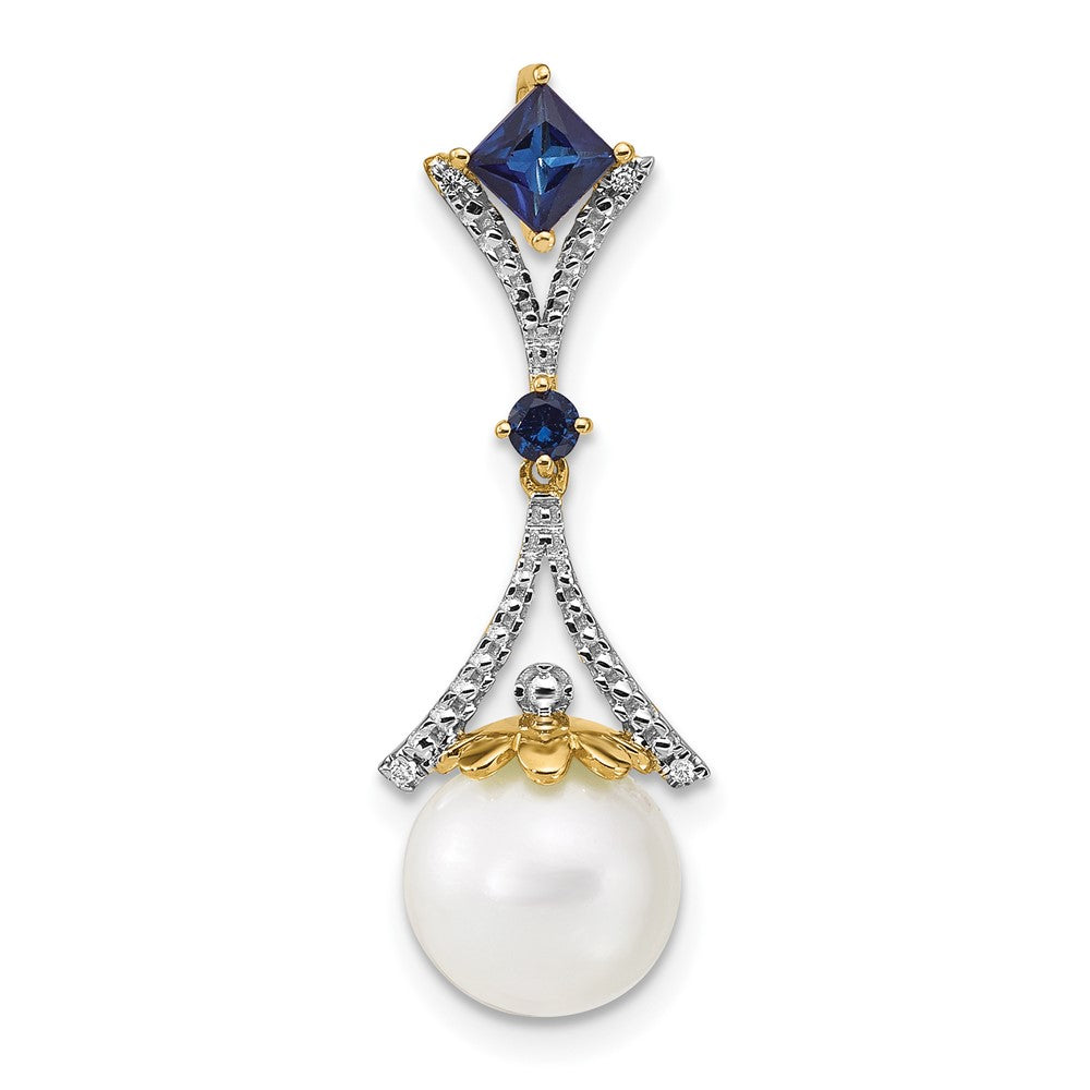 14k Diamond 8-9mm Round FWC Pearl/Created Sapphire Chain Slide (0.9 grams)