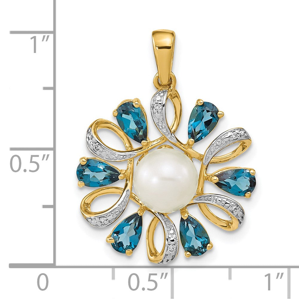 14k Diamond and 6-7mm Button FWC Pearl/London Blue Topaz Pendant (2.15 grams)