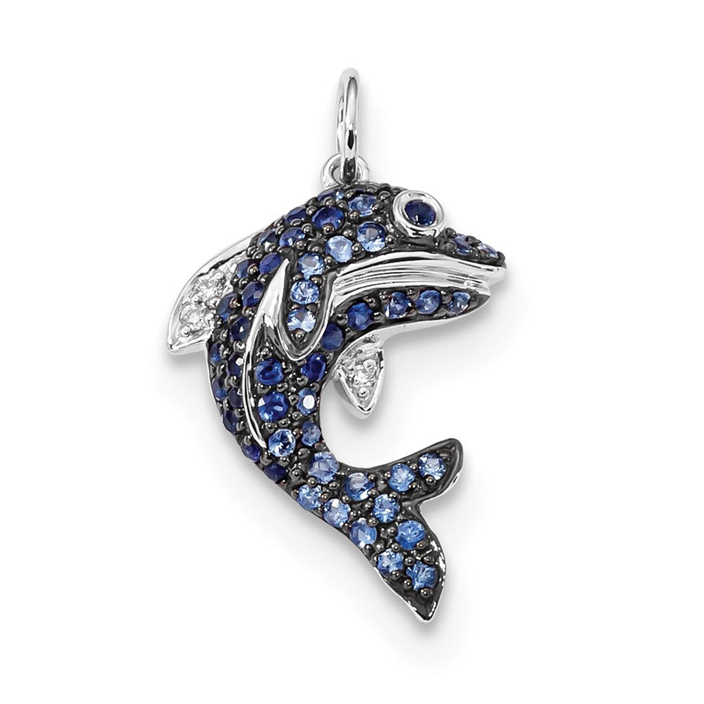 14k White Gold Diamond and Blue Sapphire Dolphin Pendant (2.01 grams)