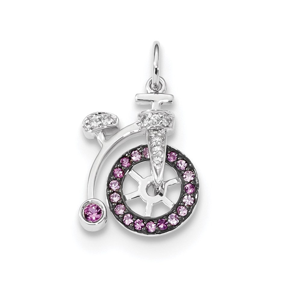 14k White Gold Diamond and Pink Sapphire Bicycle Pendant (1.16 grams)