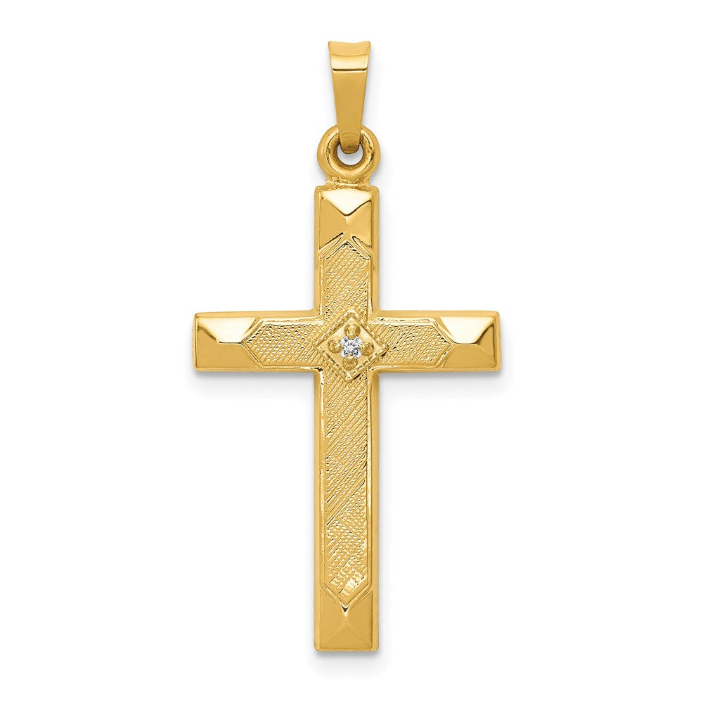 14k Yellow Gold 17 mm Textured and Polished Diamond Cross Pendant (0.87 grams)