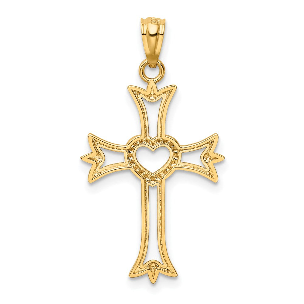 14k Yellow & Rhodium 16 mm  Diamond Cut Cross With Heart Pendant (0.71 grams)