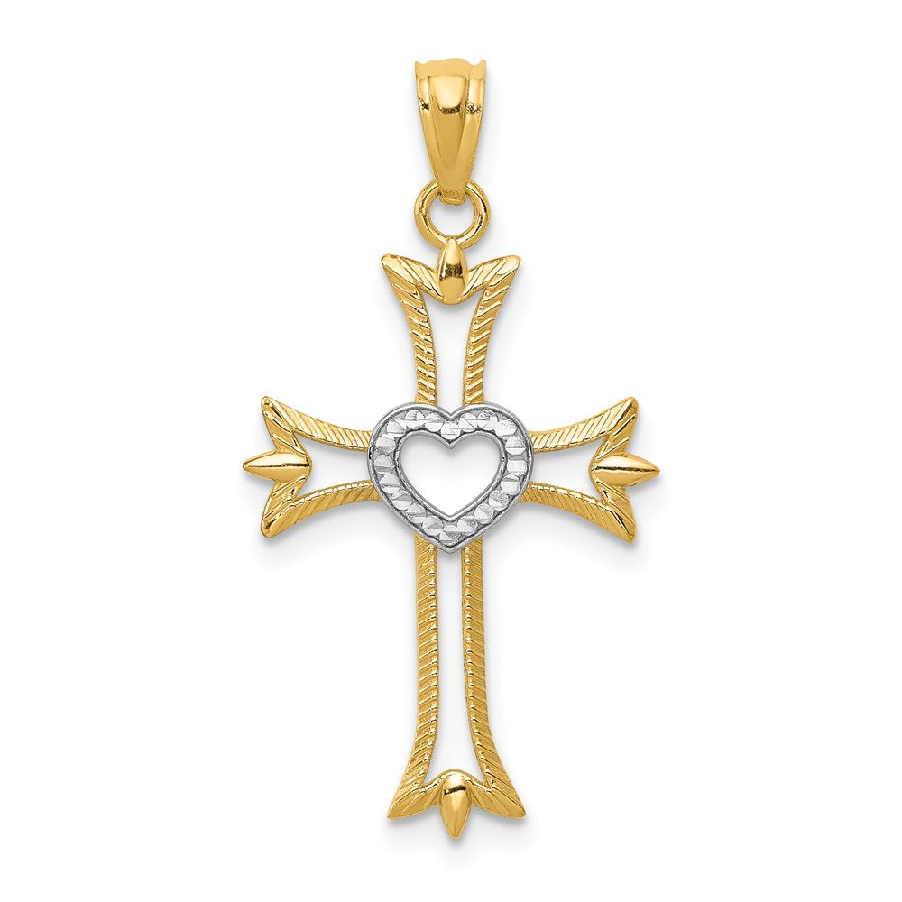 14k Yellow & Rhodium 16 mm  Diamond Cut Cross With Heart Pendant (0.71 grams)