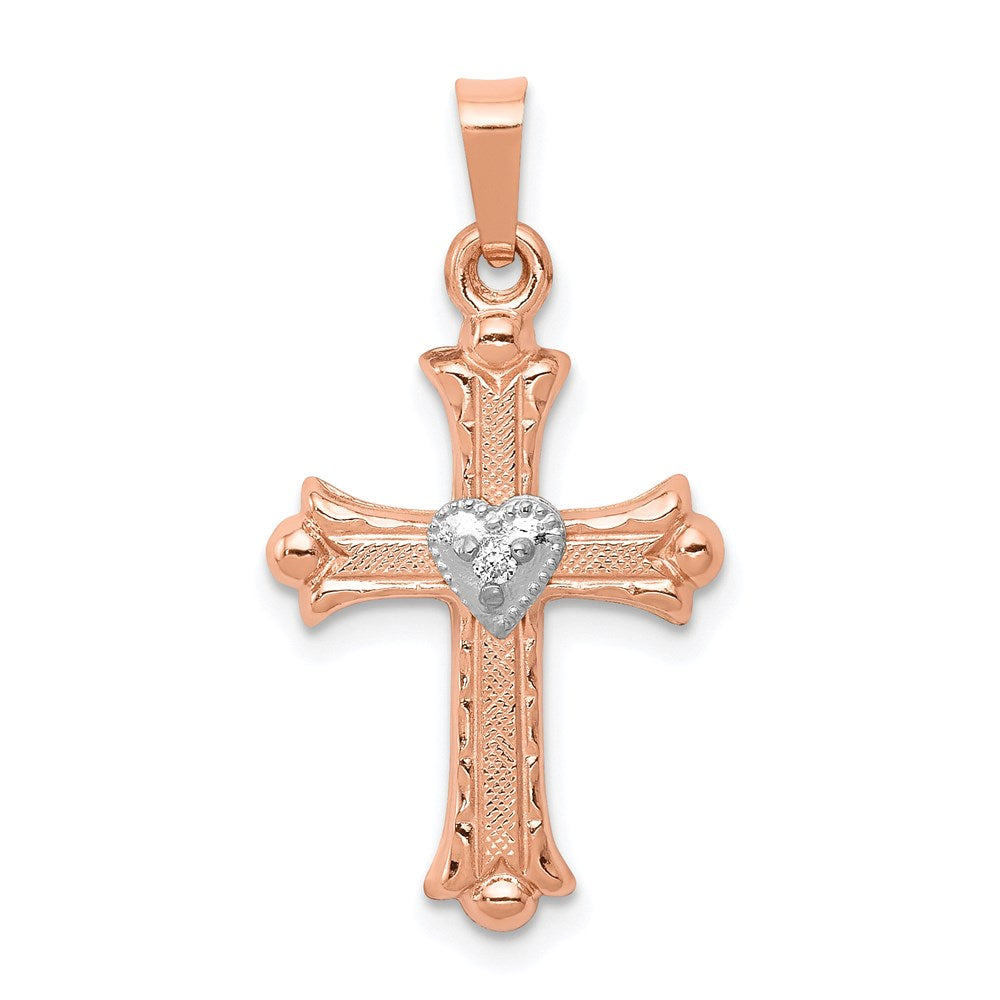 14k Two-tone 14 mm Two-Tone Rose and White Gold Diamond Cross Pendant (0.71 grams)