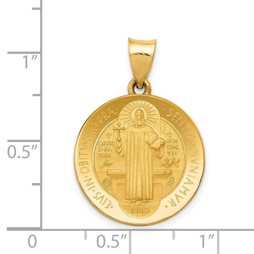 14k Yellow Gold 19 mm Polished and Satin St Benedict Hollow Medal Pendant (1.3 grams)