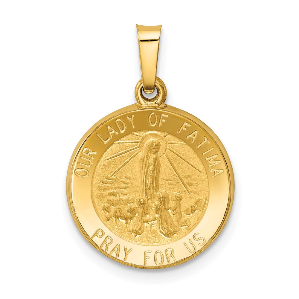 14k Yellow Gold 15 mm Polished and Satin Our Lady Fatima Medal Hollow Pendant (0.88 grams)