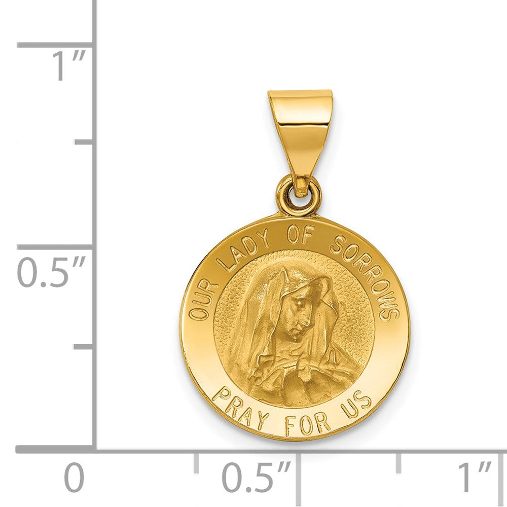 14k Yellow Gold 15 mm Polished and Satin Our Lady of Sorrows Medal Hollow Pendant (0.88 grams)