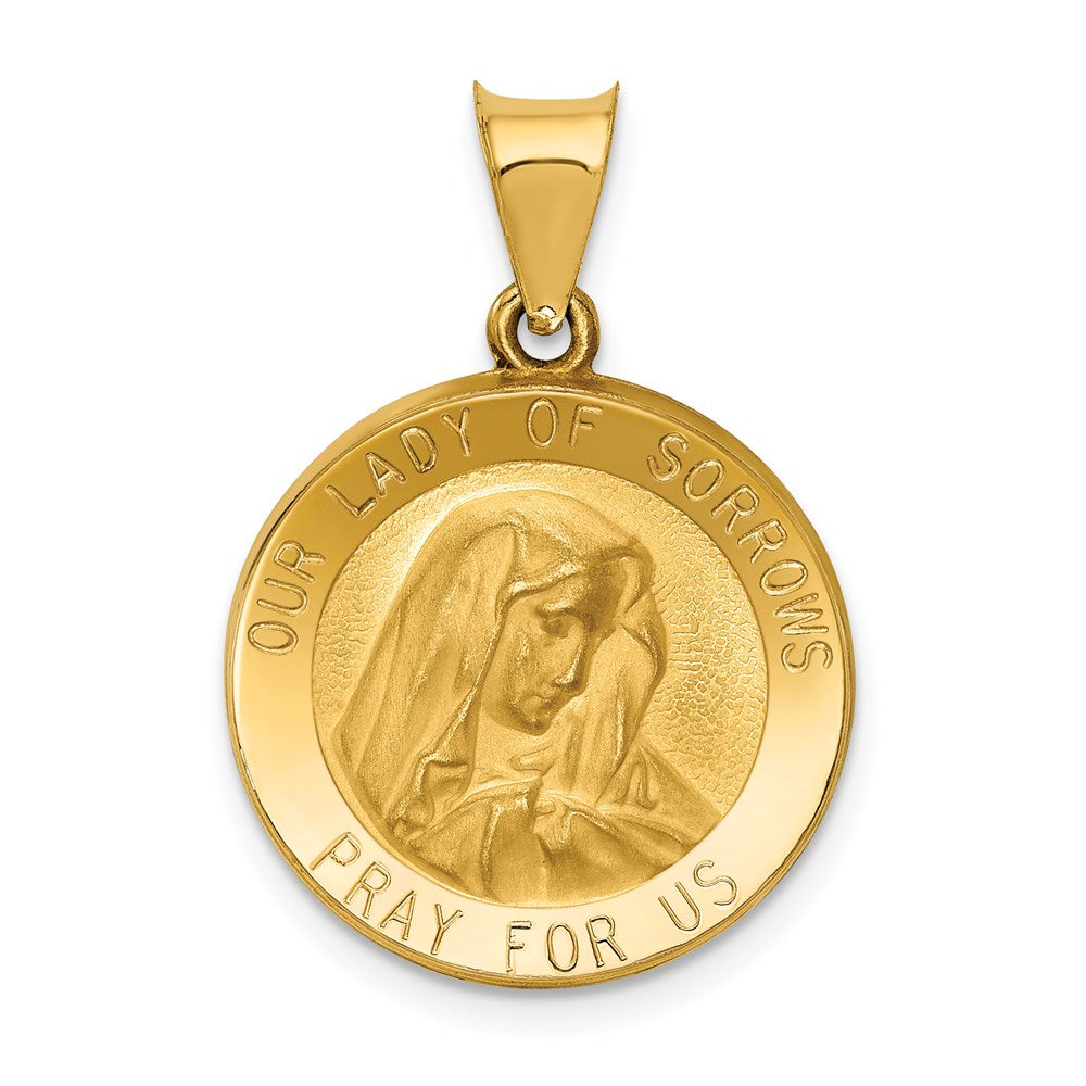 14k Yellow Gold 19 mm Polished and Satin Our Lady of Sorrows Medal Hollow Pendant (1.3 grams)