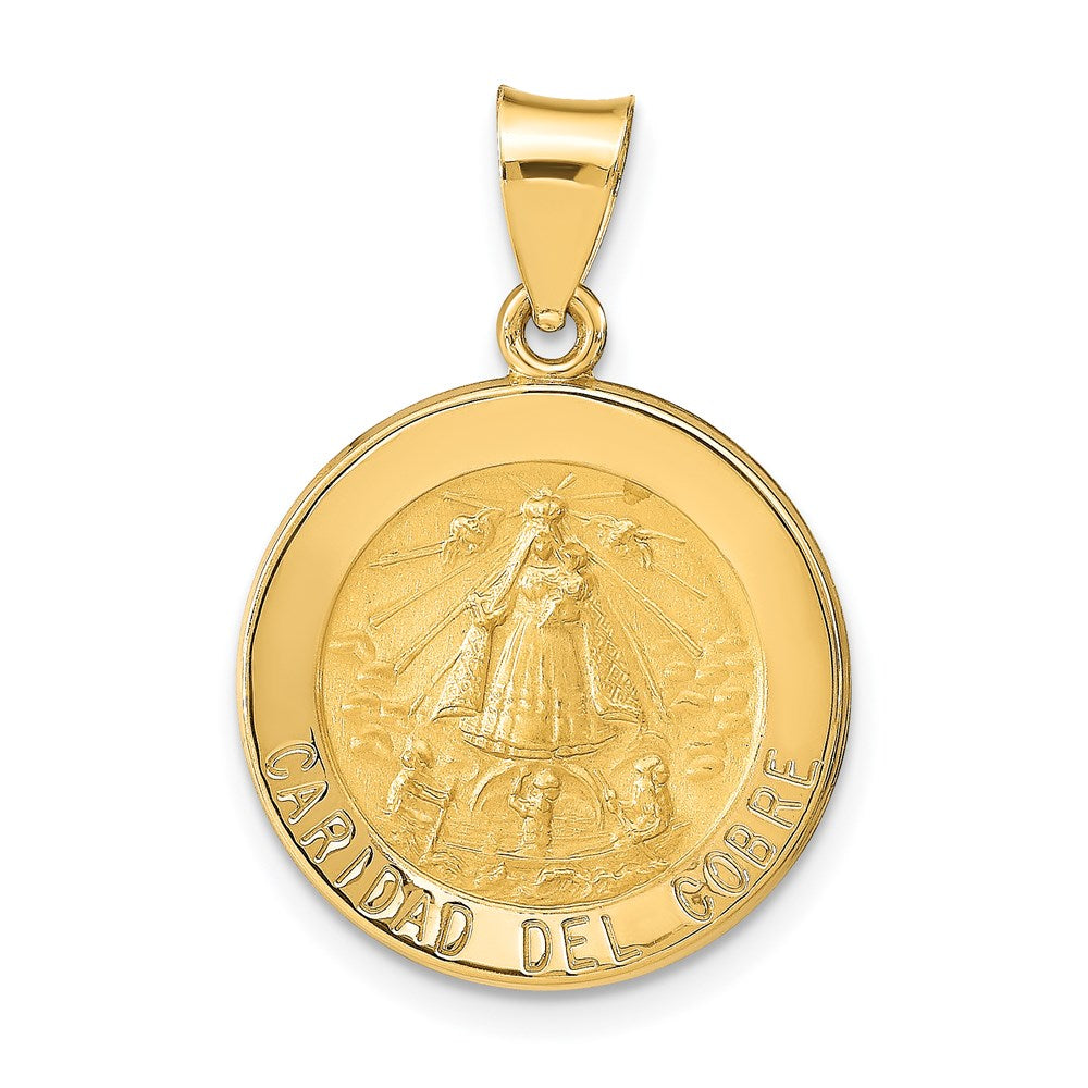 14k Yellow Gold 18.3 mm Polished and Satin Caridad del Cobre Medal Hollow Pendant (1.3 grams)