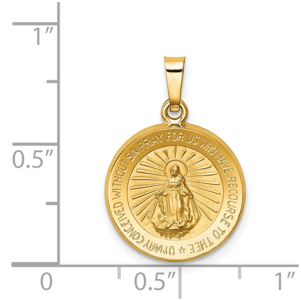 14k Yellow Gold 15 mm Polished and Satin Miraculous Medal Hollow Pendant (0.88 grams)