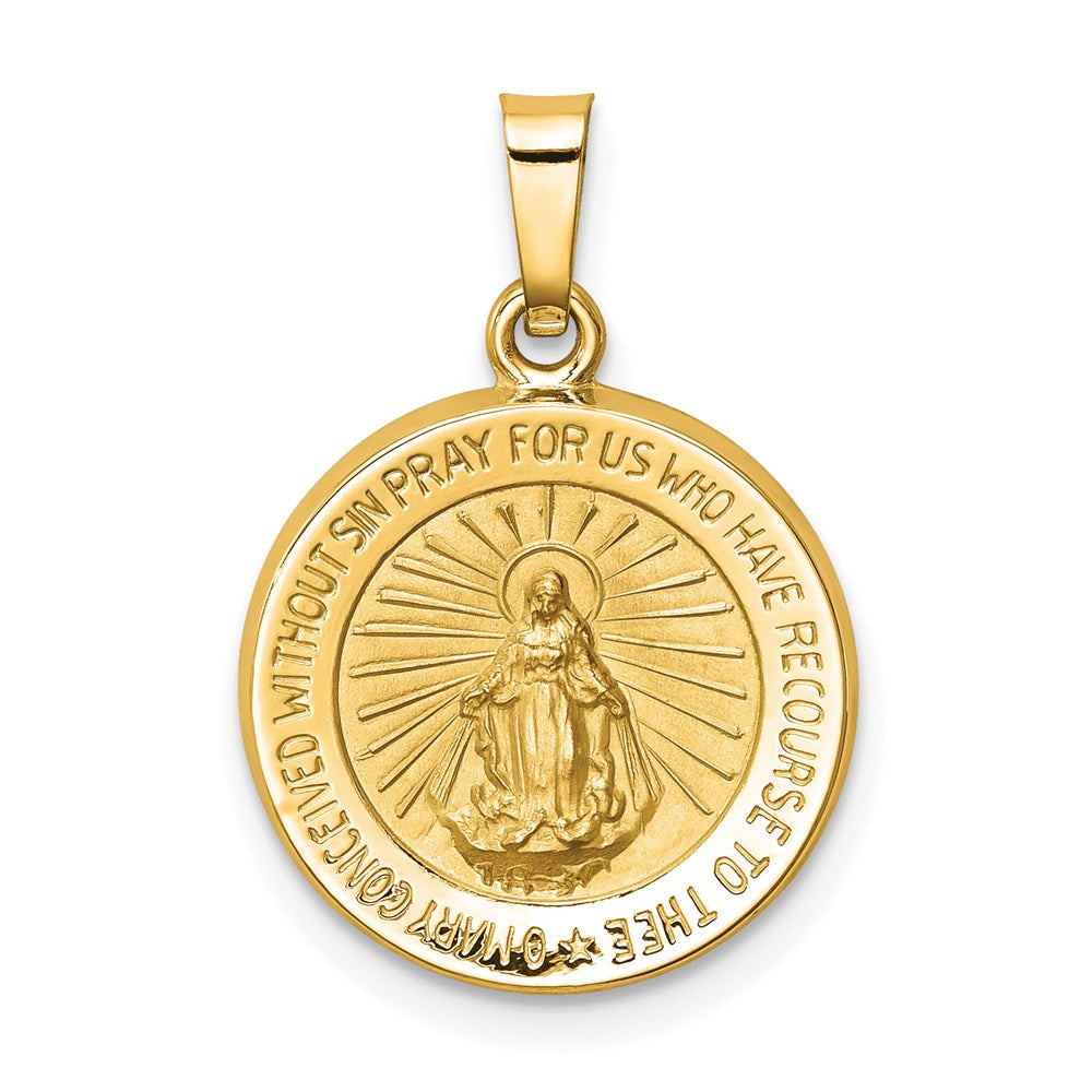 14k Yellow Gold 15 mm Polished and Satin Miraculous Medal Hollow Pendant (0.88 grams)