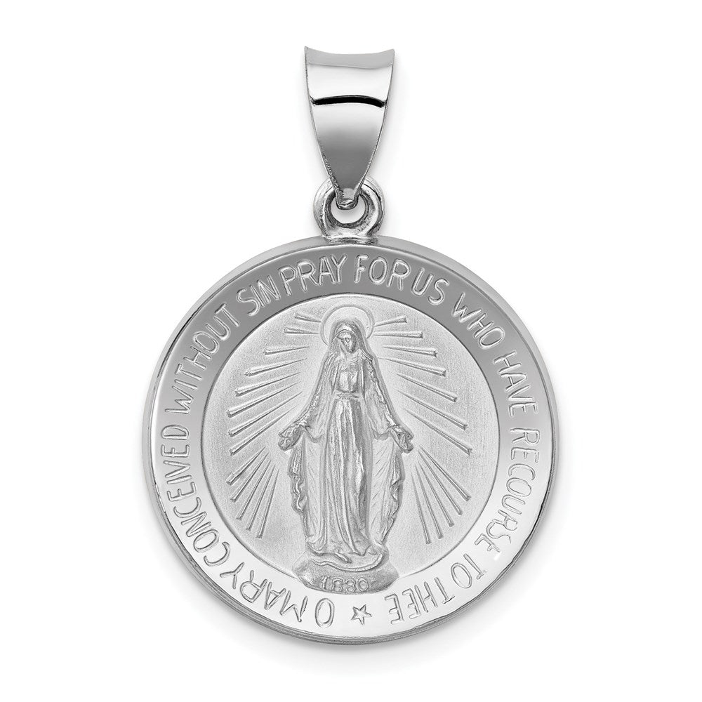 14k White Gold 18.75 mm Polished /Satin Miraculous Medal Hollow Pendant (1.3 grams)