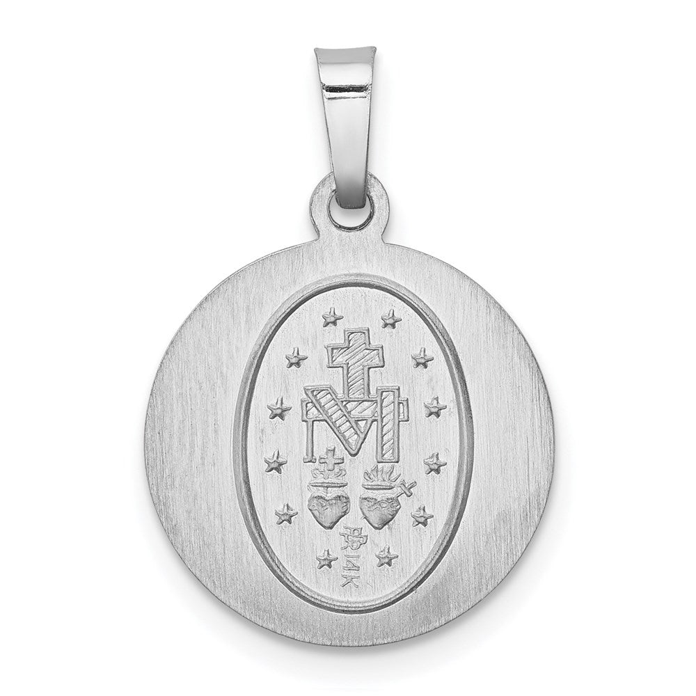 14k White Gold 15 mm Polished / Satin Miraculous Medal Hollow Pendant (0.88 grams)