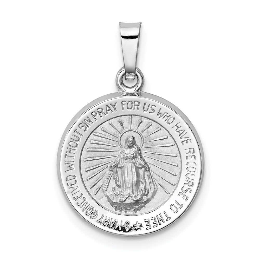 14k White Gold 15 mm Polished / Satin Miraculous Medal Hollow Pendant (0.88 grams)