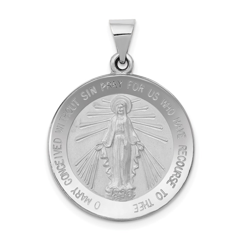 14k White Gold 22 mm Polished / Satin Miraculous Medal Hollow Pendant (1.83 grams)