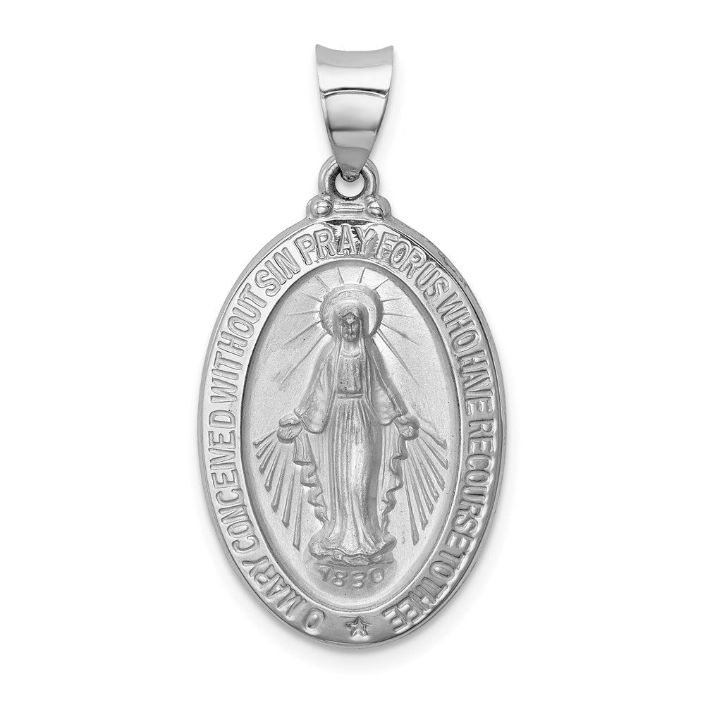 14k White Gold 15.75 mm Polished/Satin Miraculous Medal Hollow Pendant (1.36 grams)