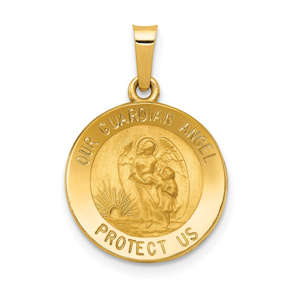 14k Yellow Gold 14.85 mm Polished and Satin Our Guardian Angel Medal Hollow Pendant