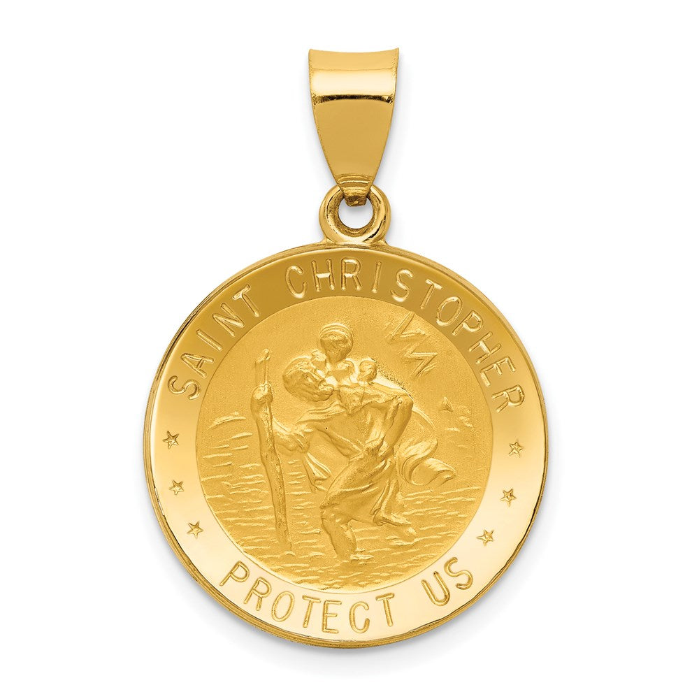 14k Yellow Gold 19.75 mm Polished and Satin St. Christopher Medal Hollow Pendant (1.3 grams)