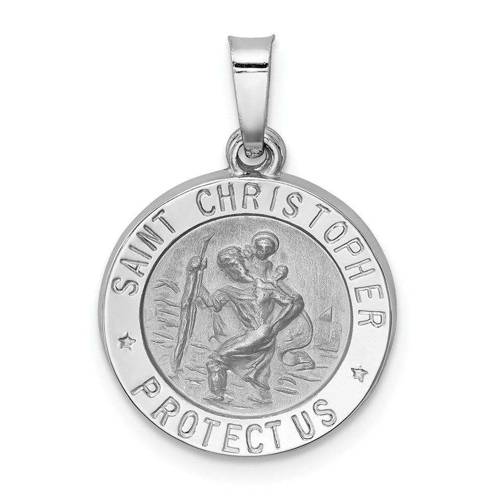 14k White Gold 15 mm Polished/Satin St Christopher Medal Hollow Pendant (0.88 grams)