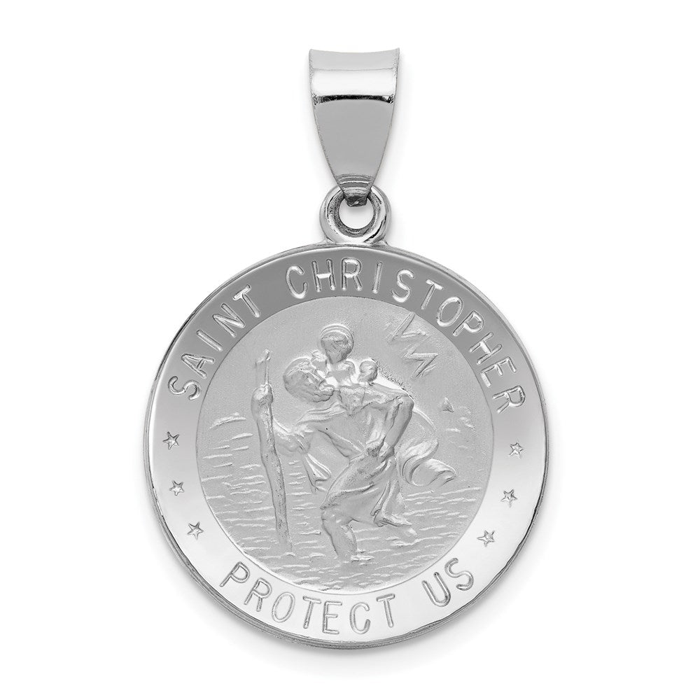 14k White Gold 19.75 mm Polished/Satin St Christopher Medal Hollow Pendant (1.3 grams)