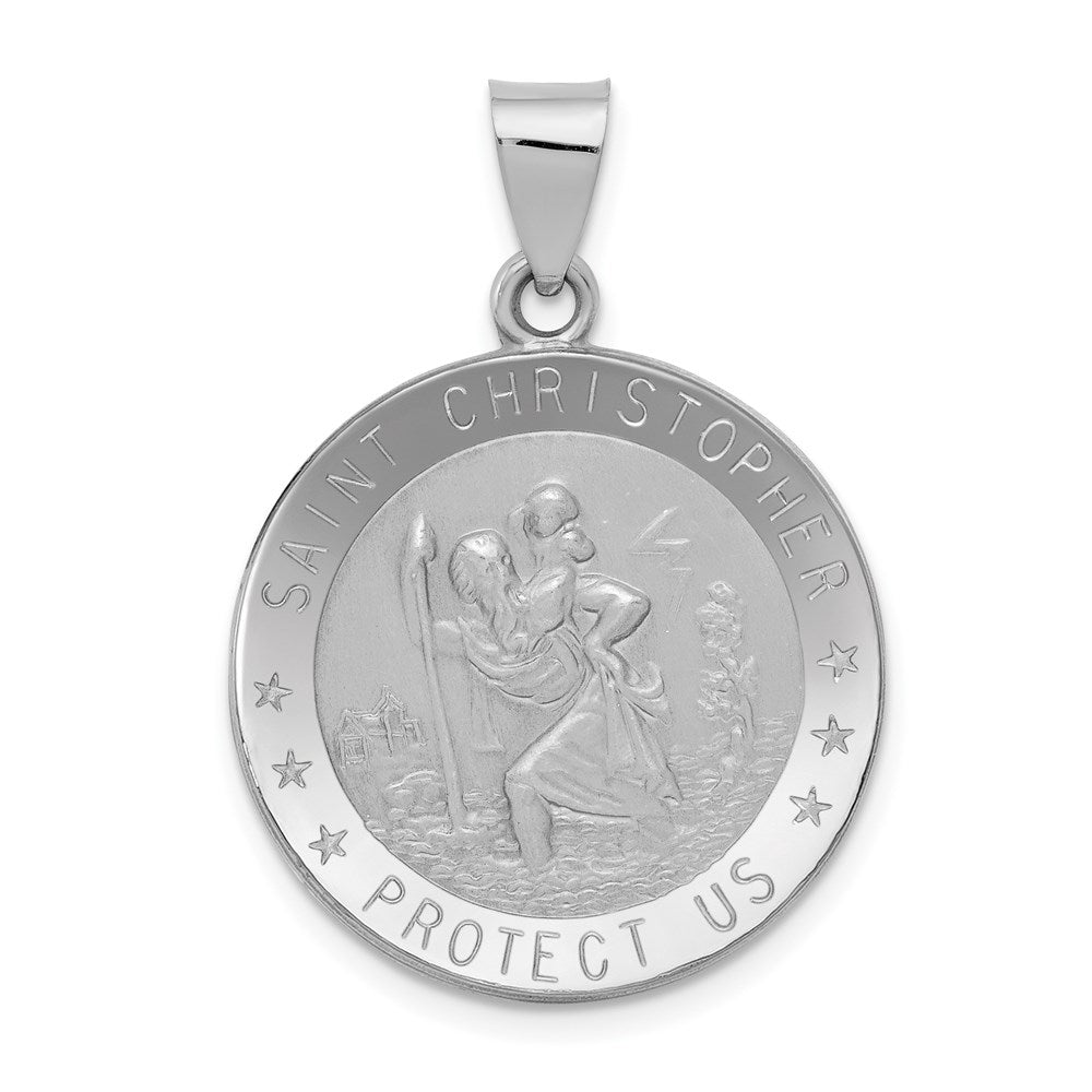 14k White Gold 22.75 mm Polished/Satin St Christopher Medal Hollow Pendant (1.83 grams)