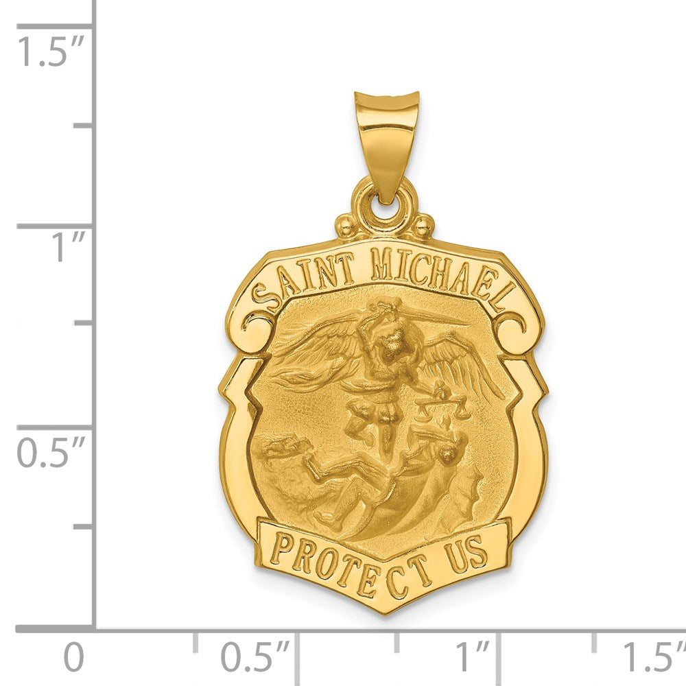 14k Yellow Gold 21 mm Polished and Satin St. Michael Badge Medal Hollow Pendant (1.9 grams)