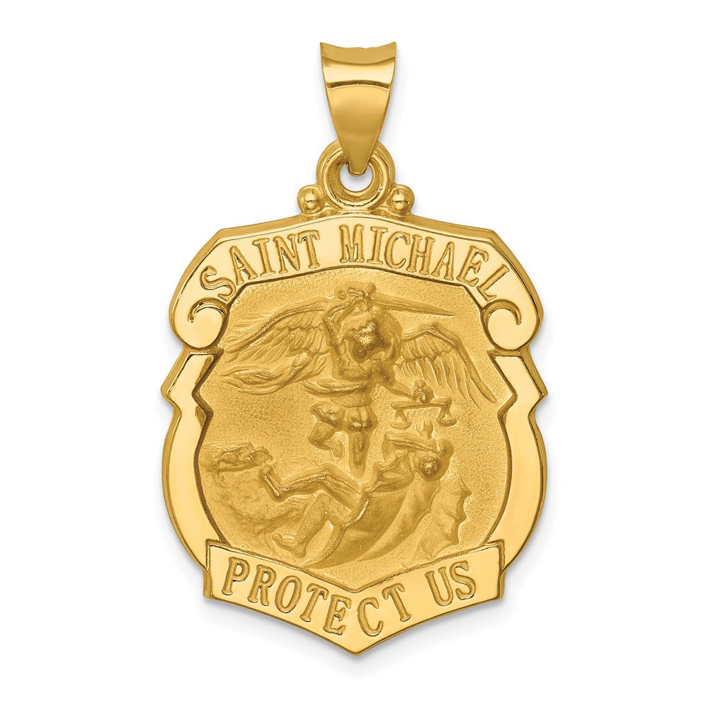 14k Yellow Gold 21 mm Polished and Satin St. Michael Badge Medal Hollow Pendant (1.9 grams)