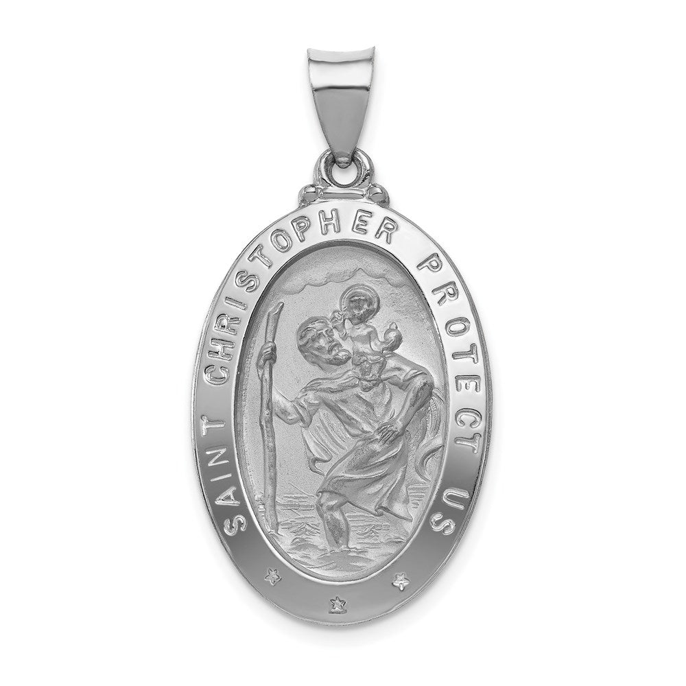 14k White Gold 18.5 mm Polished/Satin St Christopher Medal Hollow Pendant (2.18 grams)