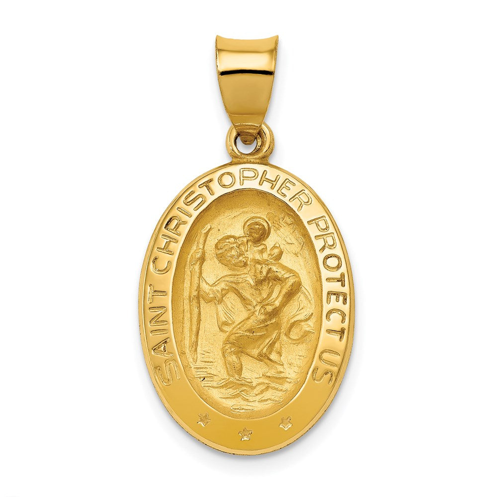 14k Yellow Gold 15 mm Polished and Satin St Christopher Medal Hollow Pendant (1.3 grams)