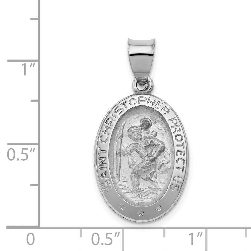 14k White Gold 15 mm Polished/Satin St Christopher Medal Hollow Pendant (1.3 grams)